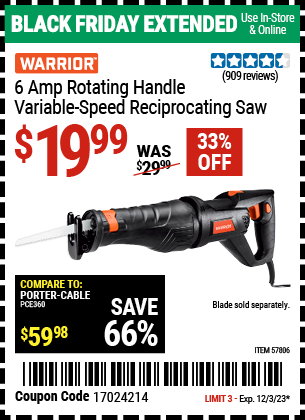 WARRIOR: 6 Amp Rotating Handle Variable Speed Reciprocating Saw