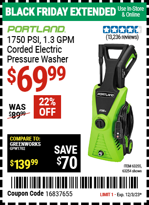 PORTLAND: 1750 PSI 1.3 GPM Corded Electric Pressure Washer