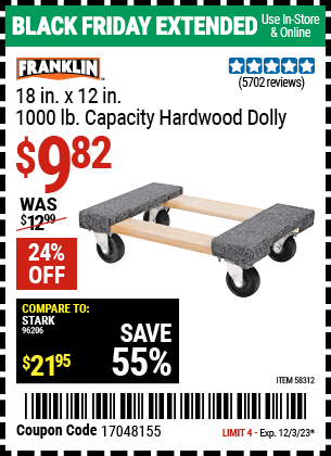 FRANKLIN: 18 in. x 12 in. 1000 lb. Capacity Hardwood Dolly