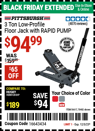 PITTSBURGH: 3 Ton Low-Profile Floor Jack with RAPID PUMP, Slate Gray
