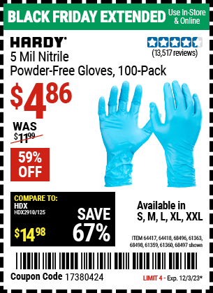HARDY: 5 mil Nitrile Powder-Free Gloves, 100 Pack, Large, Light Blue