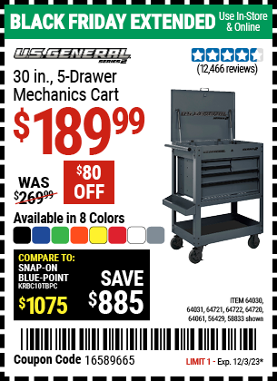 U.S. GENERAL: 30 in. 5 Drawer Mechanics Cart, Slate Gray