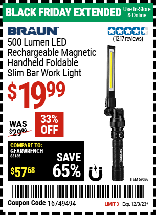 BRAUN: 500 Lumen LED Rechargeable Magnetic Handheld Foldable Slim Bar Work Light