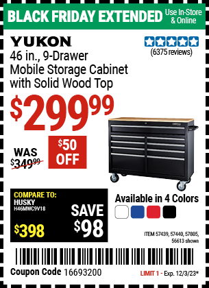 YUKON: 46 in. 9 Drawer Mobile Storage Cabinet with Solid Wood Top, Black