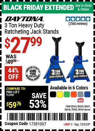 DAYTONA: 3 Ton Heavy Duty Ratcheting Jack Stands, Black