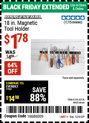 U.S. GENERAL: 18 in. Magnetic Tool Holder