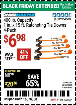 HAUL-MASTER: 400 lb. Capacity, 1 in. x 15 ft. Ratcheting Tie Downs, 4-Pack