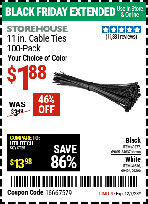 STOREHOUSE: 11 in. UV-Resistant Black Cable Ties, 100-Pack