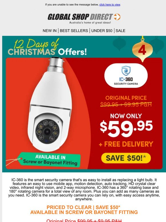 SAVE $50 on IC-360 Security Camera - NOW $59.95 + Free Delivery