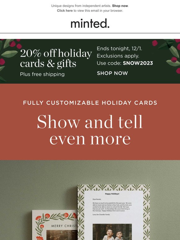 20% off fully customizable holiday cards