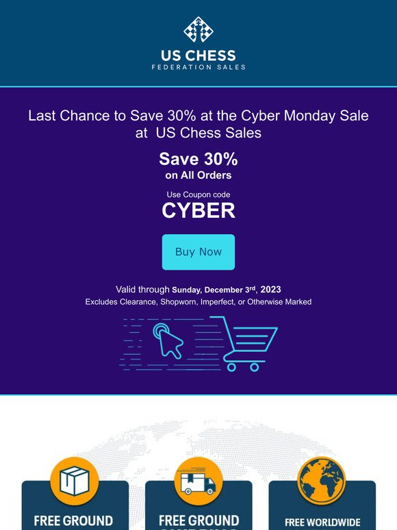 Last Chance to Save 30% at the Cyber Monday Sale at  US Chess Sales