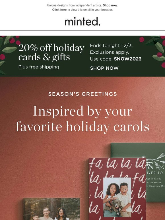 Ends tonight: 20% off holiday cards + free shipping