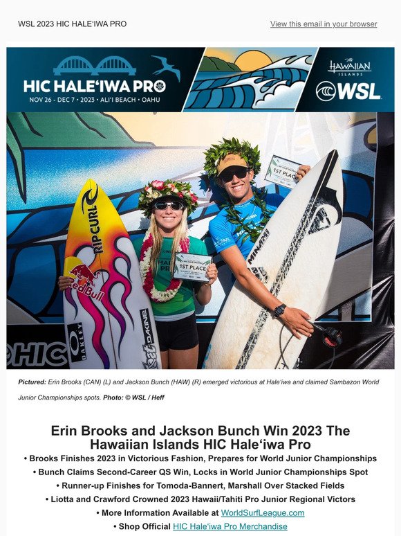 Erin Brooks and Jackson Bunch Win 2023 Hawaiian Islands HIC Hale‘iwa Pro