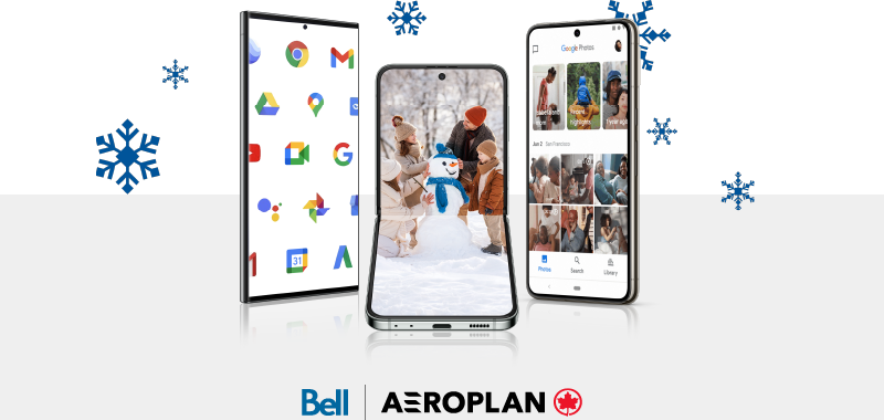 Three Android phones with winter scene on screen