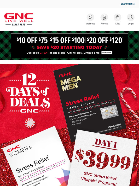 12 Days of Deals starts now! $20 off GNC Stress Relief Vitapak Programs! 😌