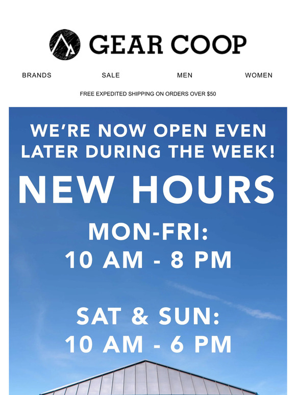 Extended Hours For The Gear Coop Store Closing Sale. Save Up To 70% Off. Everything Must Go!