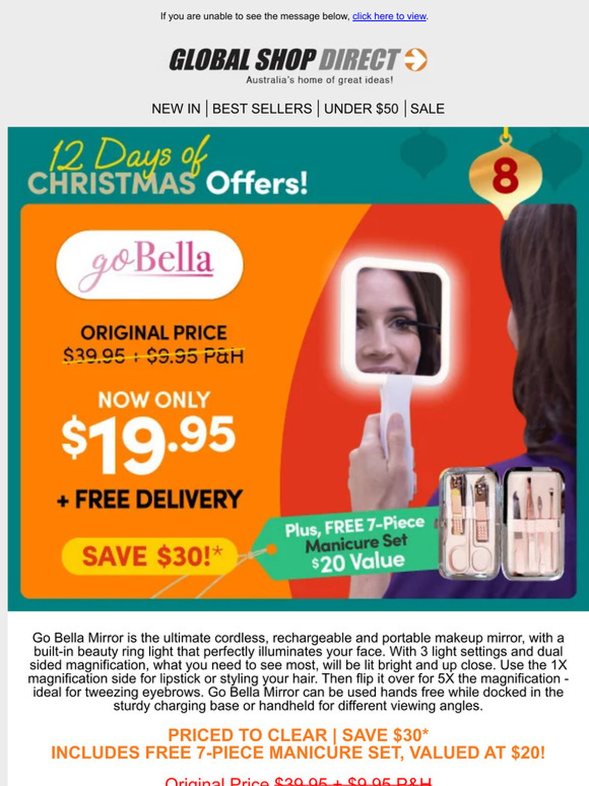 SAVE $30 on Go Bella Mirror - NOW $19.95 + Free Delivery