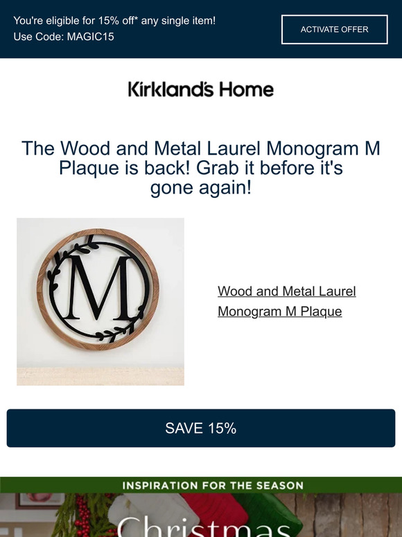 🔔 Back in stock! The Wood and Metal Laurel Monogram M Plaque is available again!
