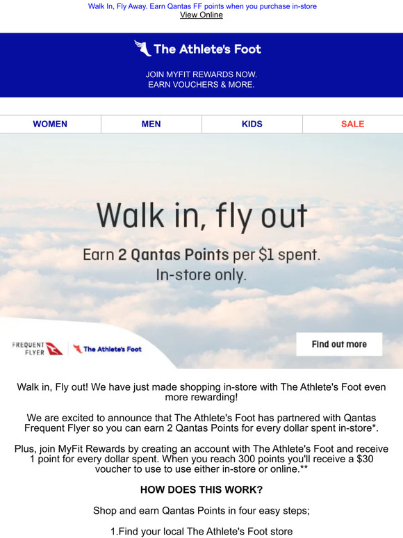 Walk In, Fly Away. Earn Qantas FF points when you purchase in-store