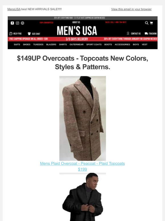 Men's USA Overcoats Starting At 149, All Colors, Sizes & Patterns IN