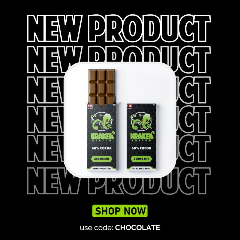 Chocolate Bar Product Launch Graphic - Black Background with product image of chocolate bar in packaging. Background text reads: New Product. Shop Now. Use code CHOCOLATE