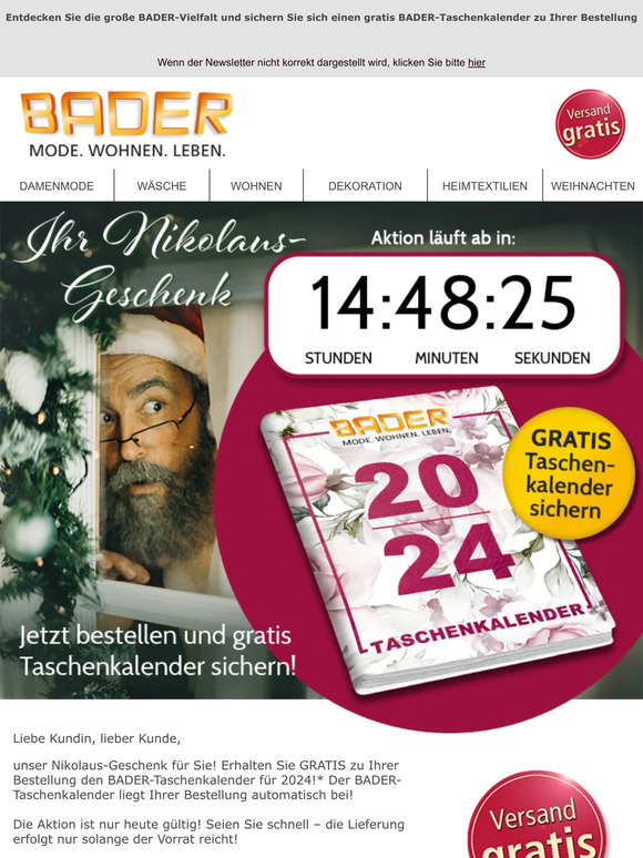 Unser Nikolaus-Geschenk für Sie: Jetzt gratis BADER-Taschenkalender sichern