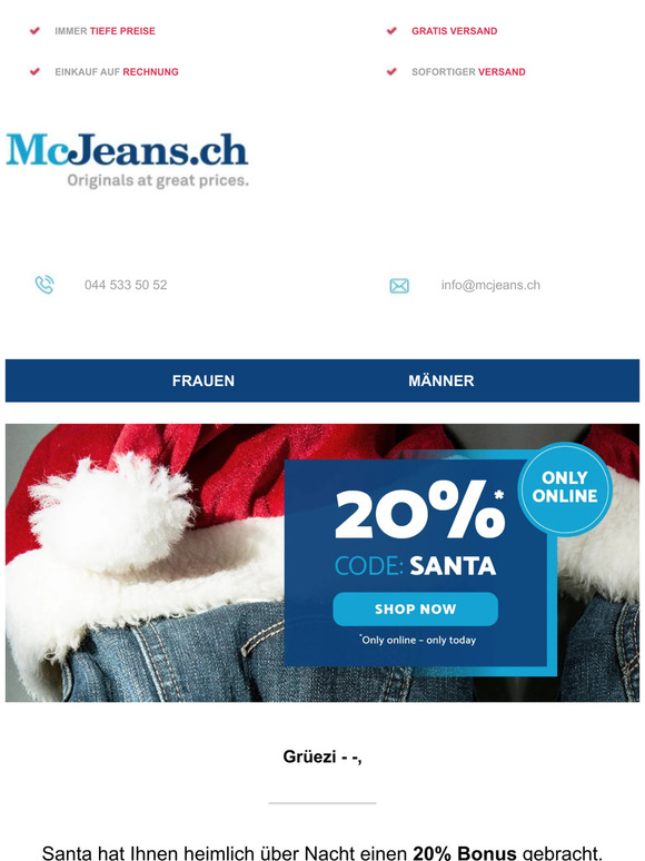 🎅 SANTA BRINGS A GIFT: 20% Rabatt auf alles! McJeans.ch – kostenloser Versand