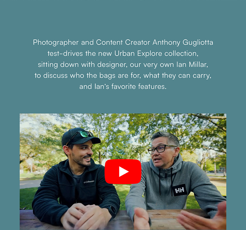 Photographer and Content Creator Anthony Gugliotta test-drives the new Urban Explore collection, sitting down with designer, our very own Ian Millar, to discuss who the bags are for, what they can carry, and Ian’s favorite features.