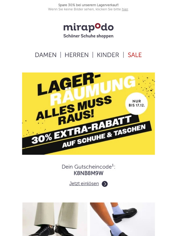 AUSVERKAUF bei mirapodo! Spare 30% auf Schuhe & Taschen! 🎊