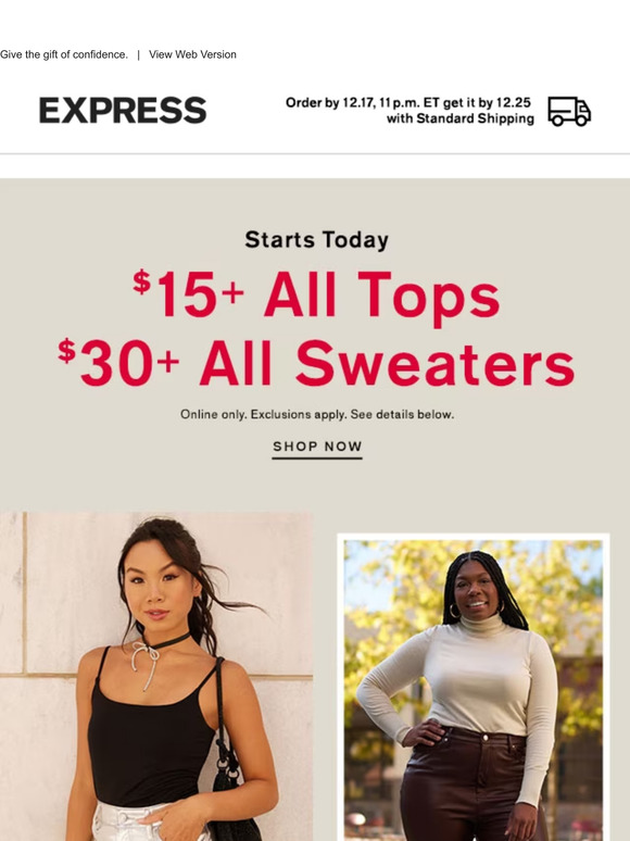 Starts today: $15+ all tops & $30+ all sweaters online
