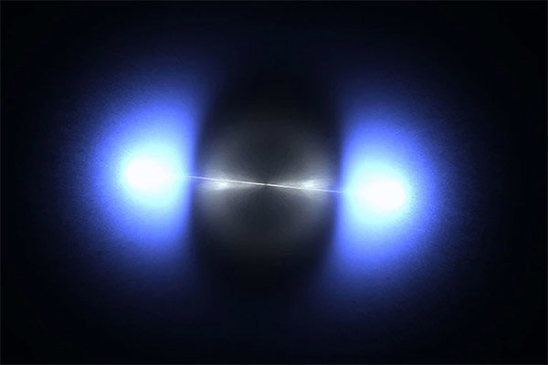 In this abstract illustration, two bright blotches of light are connected by a thin thread.