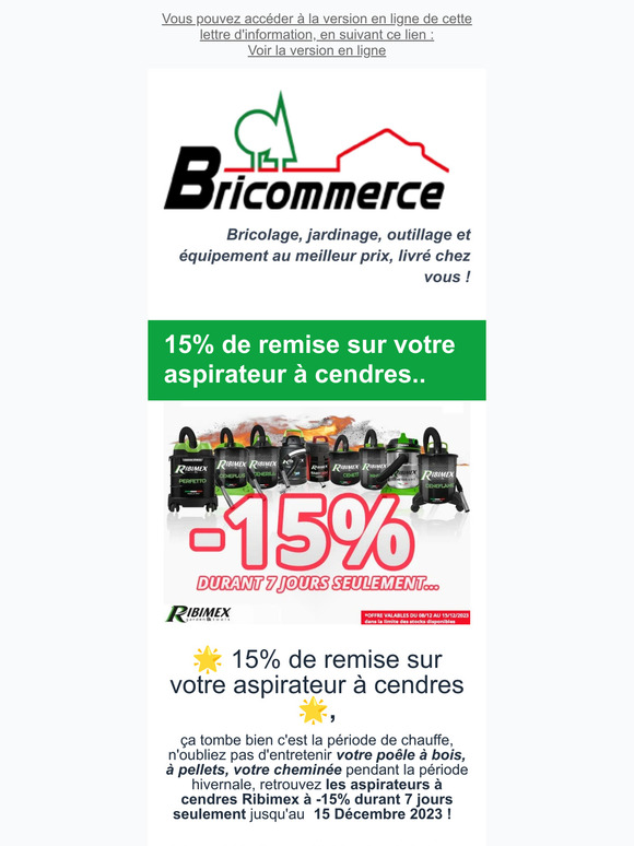 15% de remise sur votre aspirateur à cendres, pour poêles à bois, à pellets, cheminées