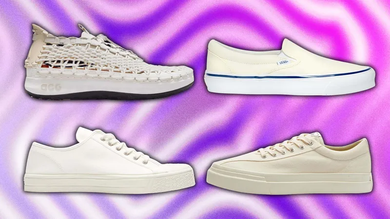 Four pairs of white sneakers on a wavy background