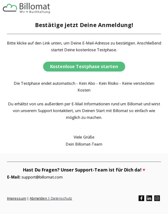Bestätige jetzt Deine Anmeldung bei Billomat!