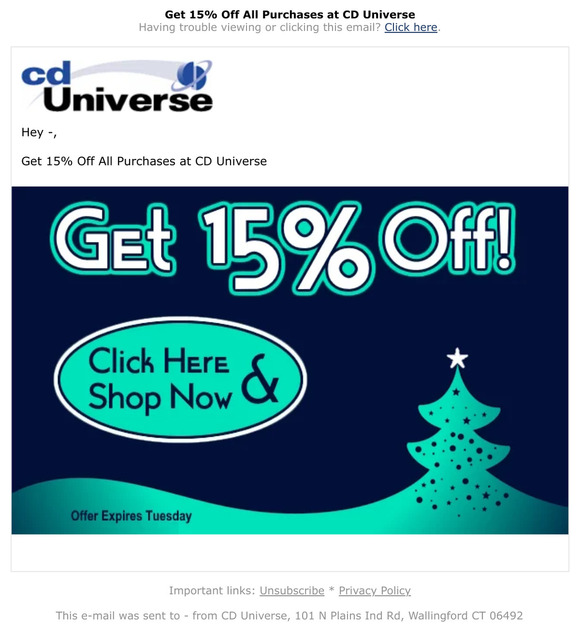 CD Universe Get 15 Off All Purchases at CD Universe. Expires Tuesday