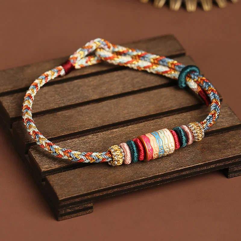 Buddha Stones Handmade Multicolored 925 Sterling Silver Dunhuang Color Rope Blessing Braided Rope Bracelet