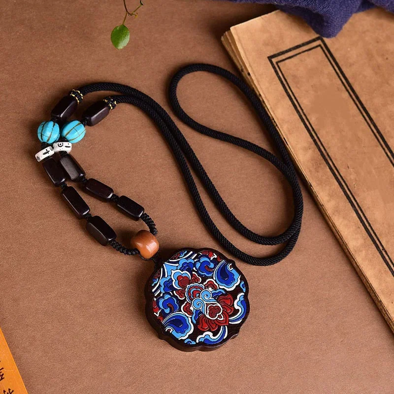 Buddha Stones Hand-painted Auspicious Clouds Ebony Wood Fu Character Peace Necklace Pendant