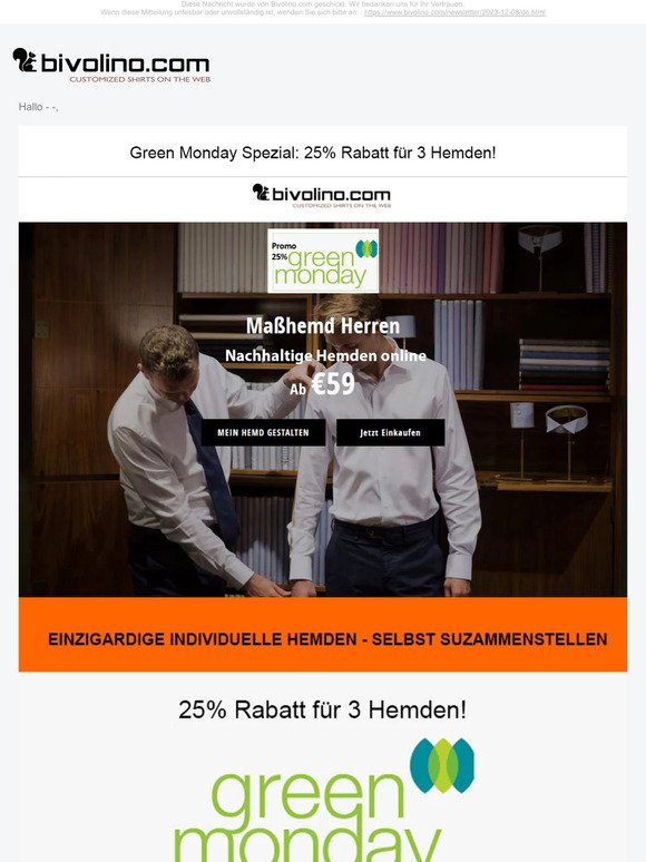 Green Monday Spezial: 25% Rabatt für 3 Hemden!