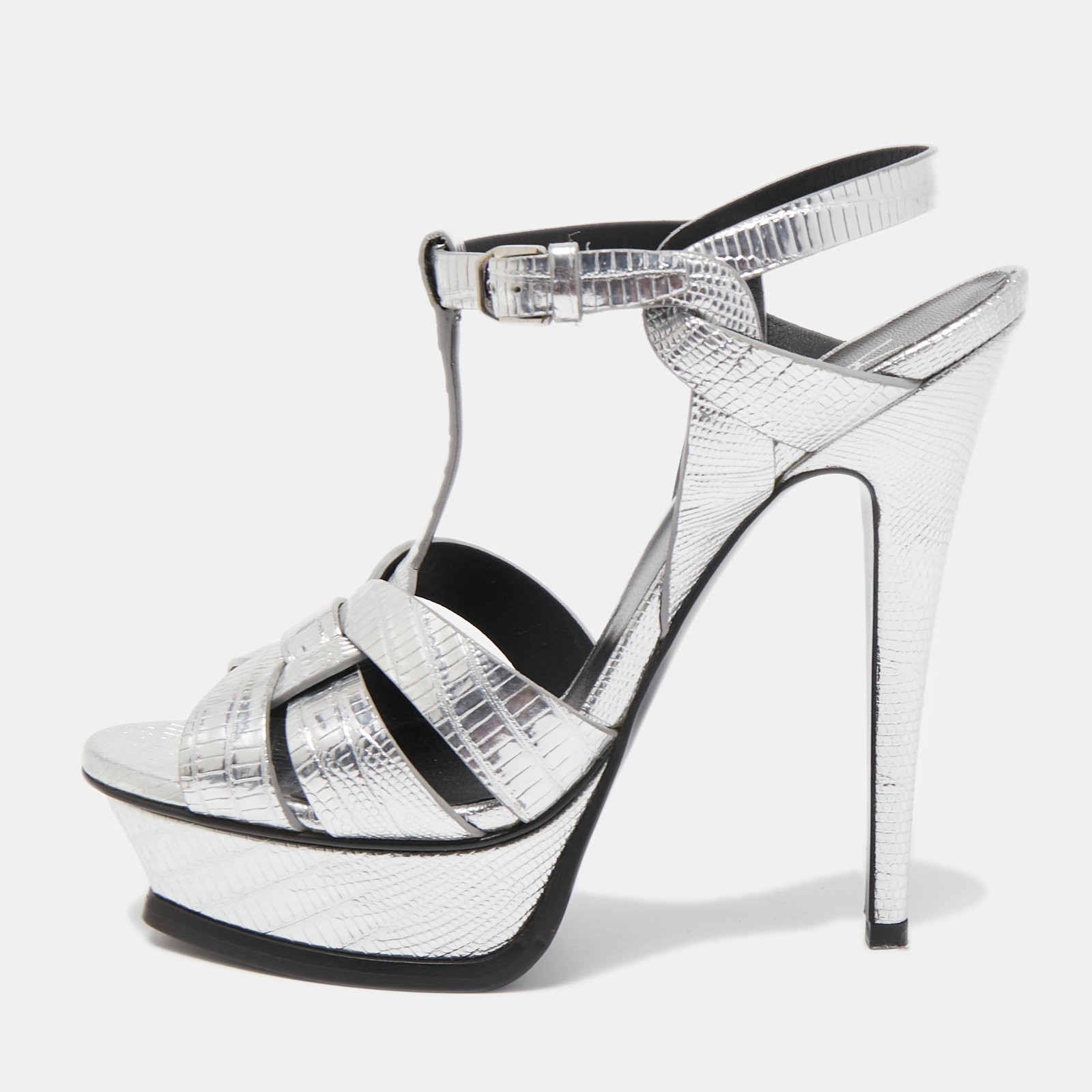 Saint Laurent Silver Lizard Embossed Leather Tribute Sandals Size 37