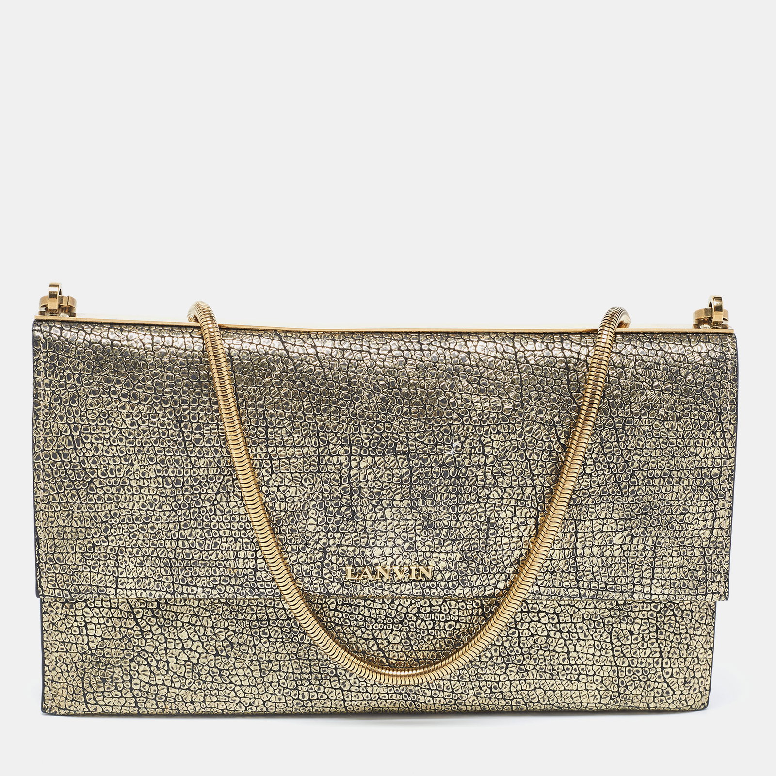 Gold Leather Flap Chain Clutch