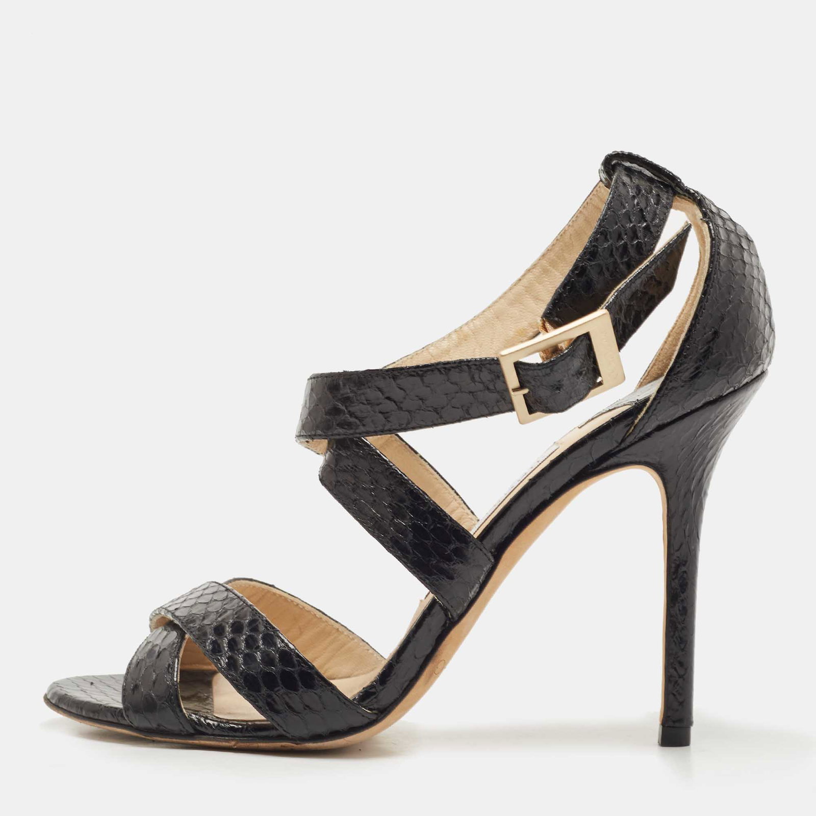 Black Python Leather Lottie Cross Strap Sandals Size 37