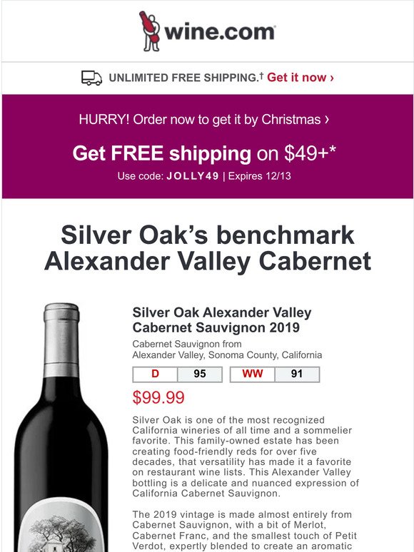 95pt Silver Oak Alexander Valley + FREE shipping