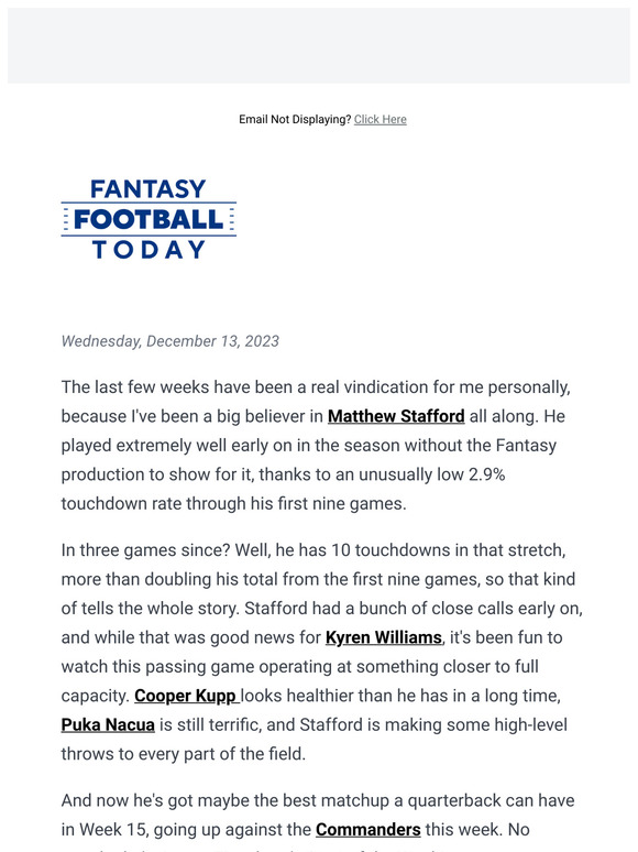 CBS Sports Jamey Eisenberg's Week 15 Start 'Em & Sit 'Em is here Milled