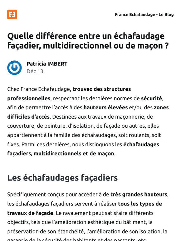Quelle différence entre un échafaudage façadier, multidirectionnel ou de maçon ?