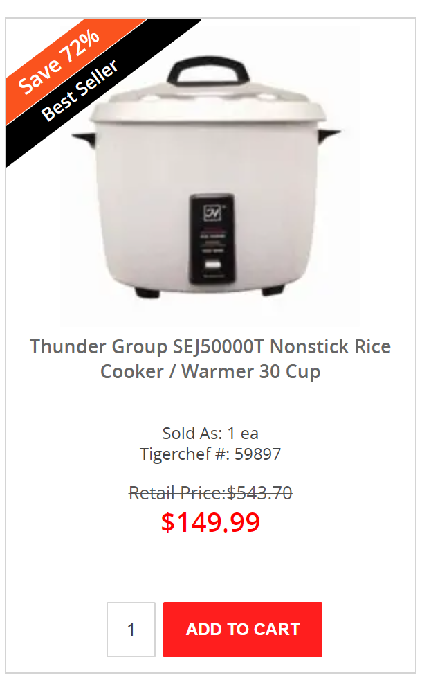 Rice Cooker/Warmer, 30 Cup, Silver, Non-Stick, Thunder Group SEJ50000T