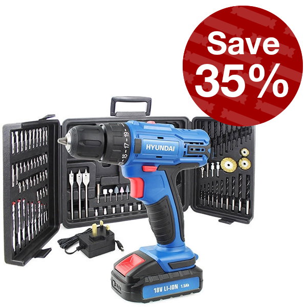Hyundai 18v 1.5AH Li-Ion Cordless Drill with 54 Piece Drill Accessory Kit | HY2175