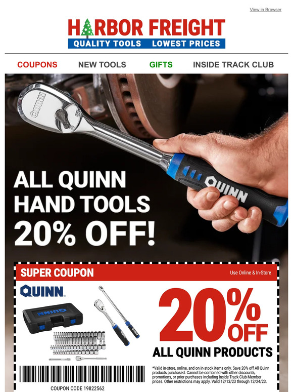 Harbor Freight Tools: 20% OFF ALL QUINN HAND TOOLS!