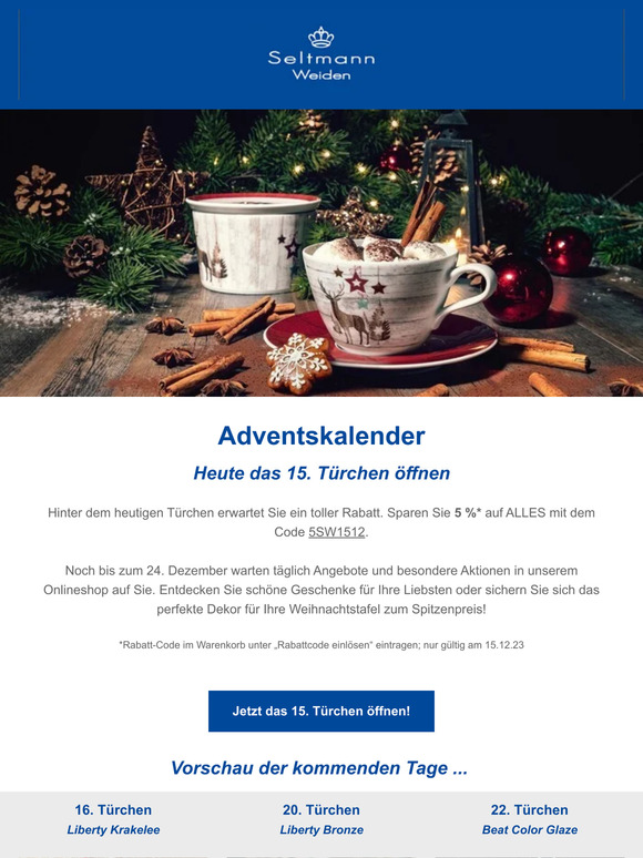 Adventskalender | 5 % auf ALLES🎄 | Newsletter Seltmann Weiden Shop
