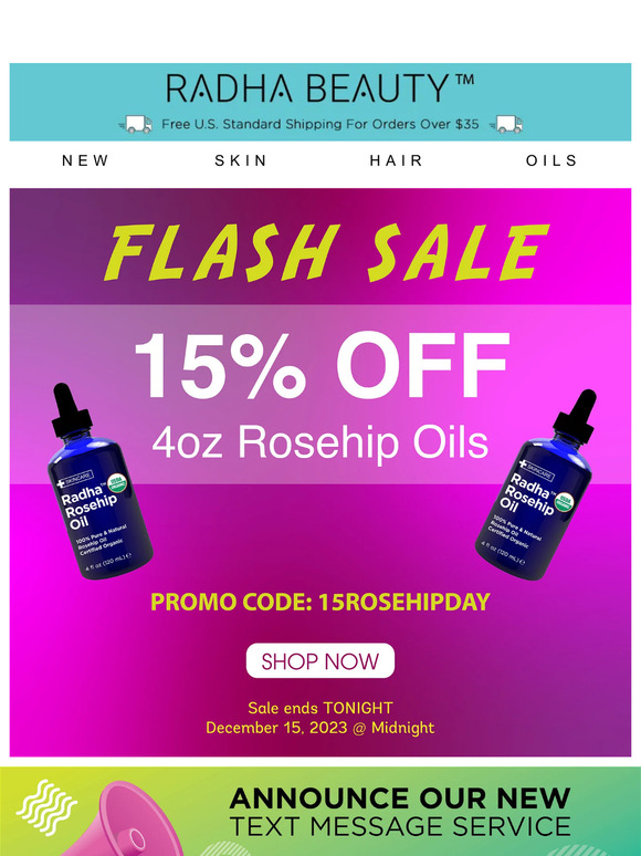 🚨 Flash Sale alert! Get your glow on with Rosehip Oil at 15% off!