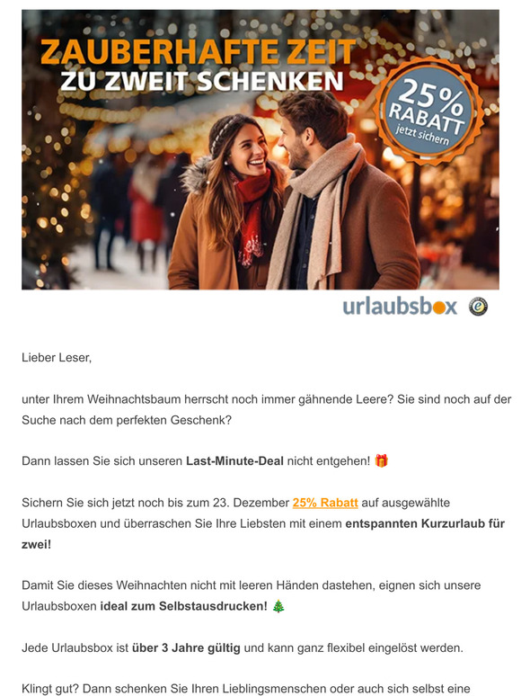 🎄🎁 Jetzt noch schnell 25% Rabatt auf Kurzurlaube sichern und zauberhafte Zeit zu zweit verschenken! 🎄🎁